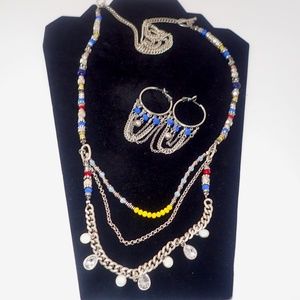 Matching Set Silver Tone Chain Necklace and Earring Beads Rhinestones Moonstones